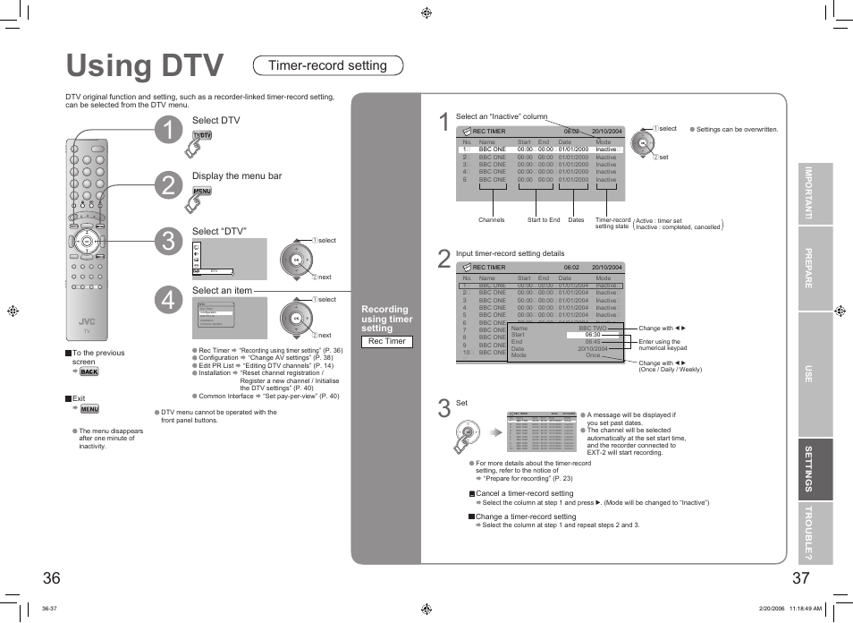 Using dtv, Timer-record setting, Select dtv | Select an item | JVC DynaPix LT-32DX7BJ User Manual | Page 20 / 26