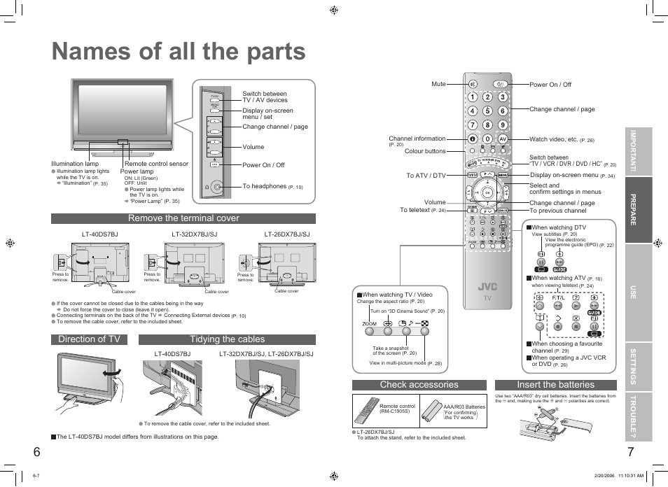 Getting started, Names of all the parts, Names of all the parts ······················ 6 | Remove the terminal cover direction of tv, Check accessories, Insert the batteries, Tidying the cables | JVC DynaPix LT-32DX7BJ User Manual | Page 5 / 26