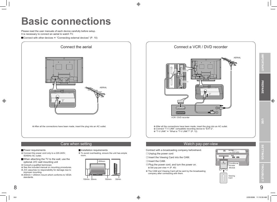 Basic connections, Basic connections ···························· 8, Care when setting watch pay-per-view | Connect the aerial, Connect a vcr / dvd recorder | JVC DynaPix LT-32DX7BJ User Manual | Page 6 / 26