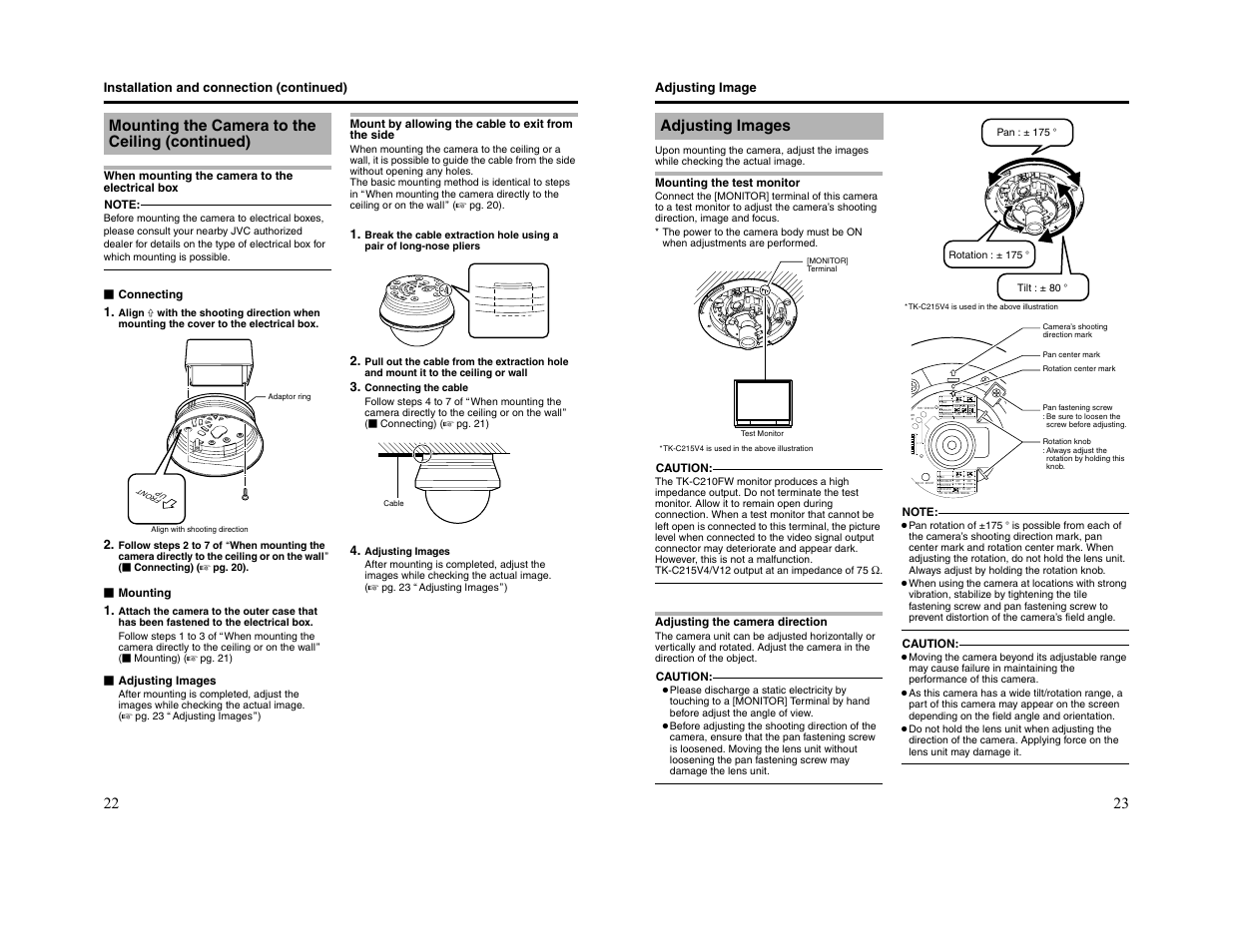 Mounting the camera to the ceiling (continued), Adjusting images | JVC TK-C215V4 User Manual | Page 12 / 16