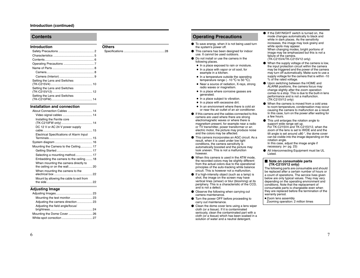 Contents 7, Operating precautions | JVC TK-C215V4 User Manual | Page 4 / 16