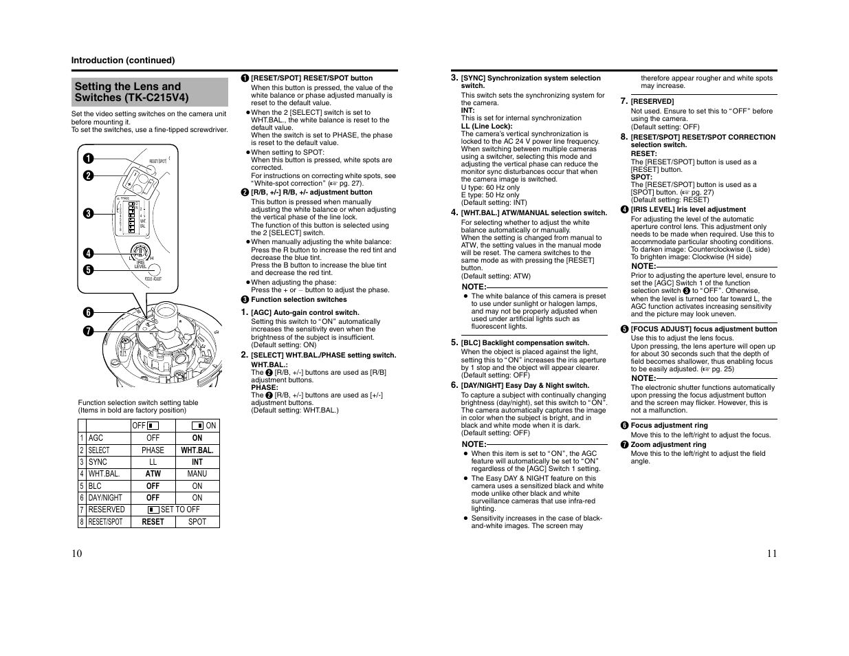 Setting the lens and switches (tk-c215v4) | JVC TK-C215V4 User Manual | Page 6 / 16