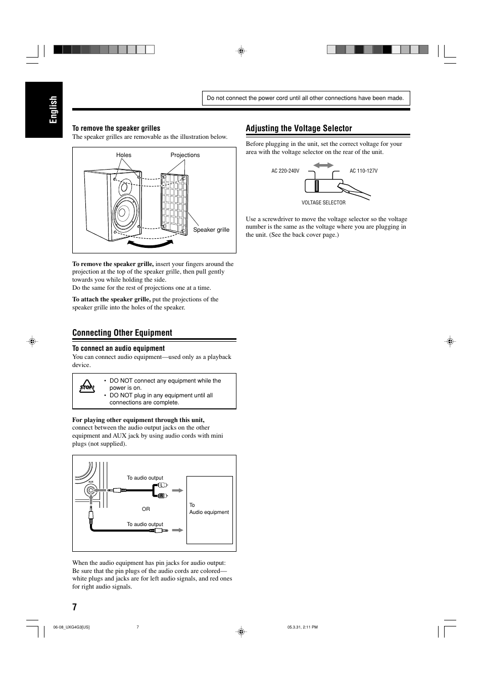Connecting other equipment, Adjusting the voltage selector, 7english | JVC CA-UXG3 User Manual | Page 10 / 114