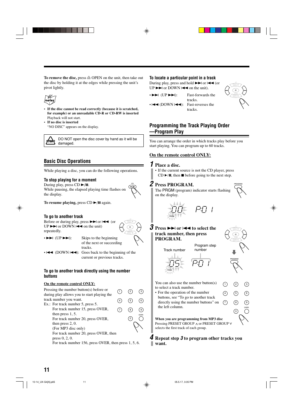 Basic disc operations, Programming the track playing order —program play, On the remote control only | Place a disc, Press program, Repeat step | JVC CA-UXG3 User Manual | Page 100 / 114