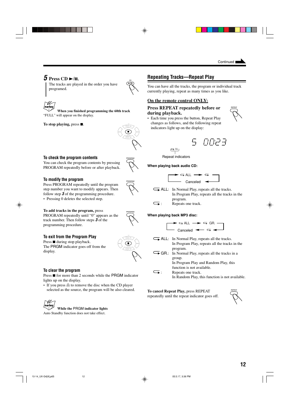 Repeating tracks—repeat play, Press cd 3 / 8 | JVC CA-UXG3 User Manual | Page 101 / 114