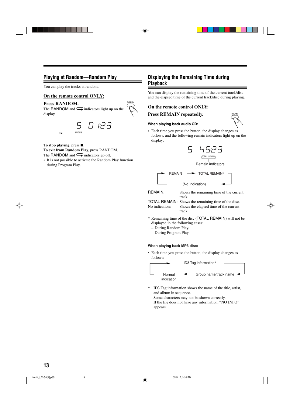 Displaying the remaining time during playback, Playing at random—random play | JVC CA-UXG3 User Manual | Page 102 / 114