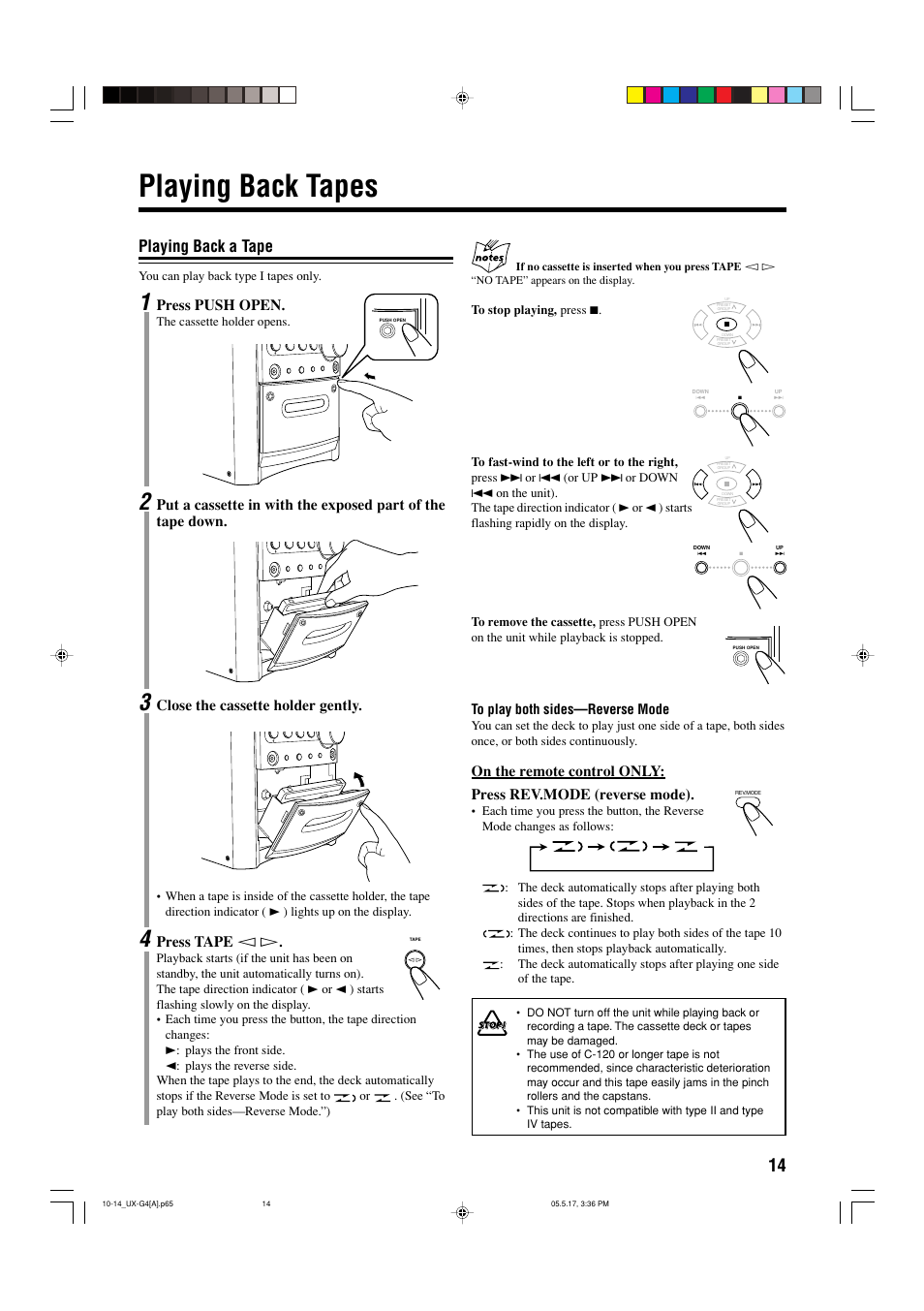 Playing back tapes, Playing back a tape, Press push open | Close the cassette holder gently, Press tape | JVC CA-UXG3 User Manual | Page 103 / 114