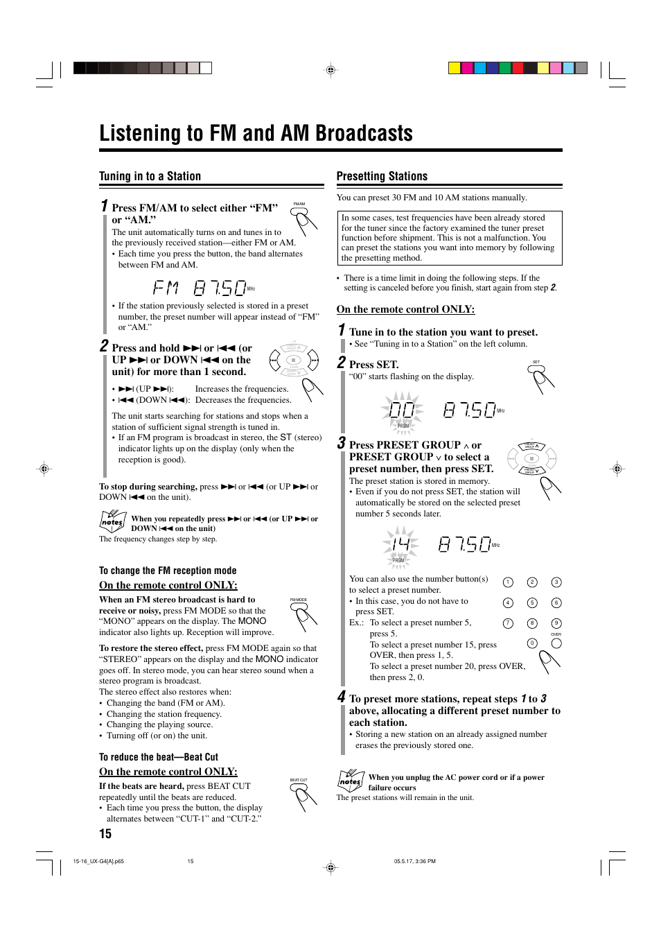 Listening to fm and am broadcasts, Tuning in to a station, Presetting stations | JVC CA-UXG3 User Manual | Page 104 / 114