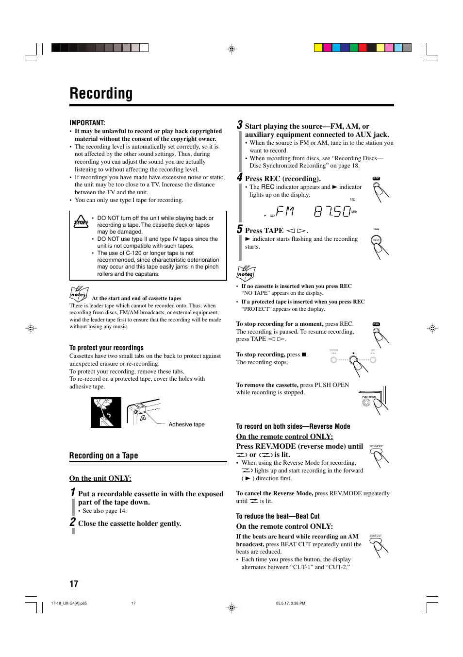 Recording, Recording on a tape | JVC CA-UXG3 User Manual | Page 106 / 114