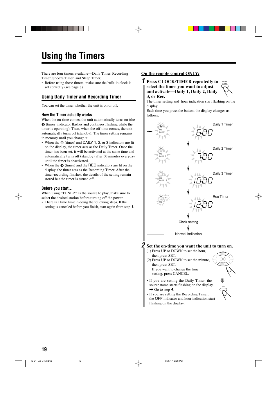Using the timers, Using daily timer and recording timer, On the remote control only | Set the on-time you want the unit to turn on | JVC CA-UXG3 User Manual | Page 108 / 114