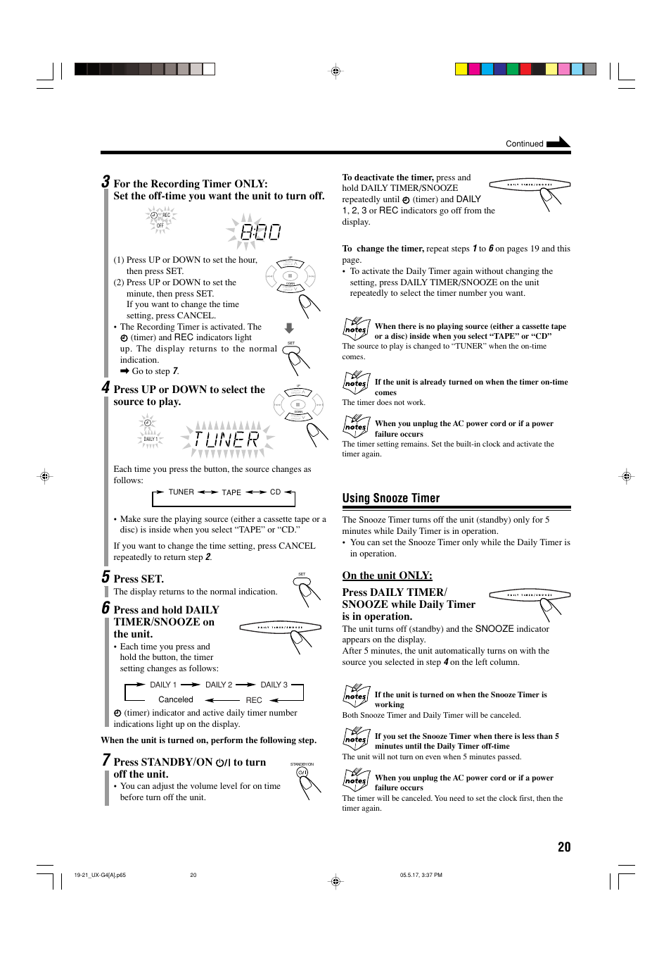 Using snooze timer, Press up or down to select the source to play, Press set | Press and hold daily timer/snooze on the unit, Press standby/on to turn off the unit | JVC CA-UXG3 User Manual | Page 109 / 114