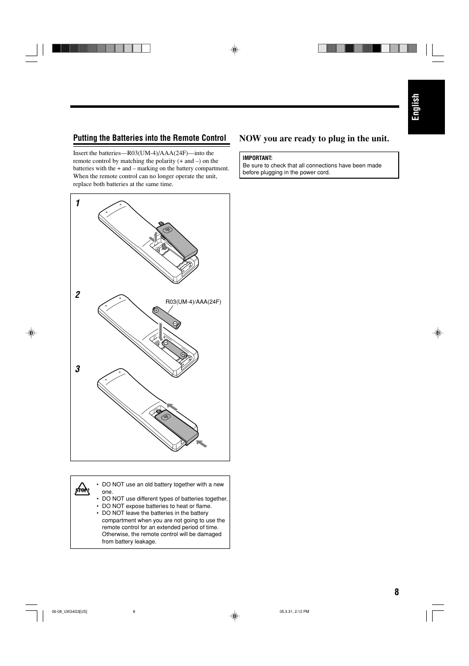 Putting the batteries into the remote control, 8english 1 2 3, Now you are ready to plug in the unit | JVC CA-UXG3 User Manual | Page 11 / 114