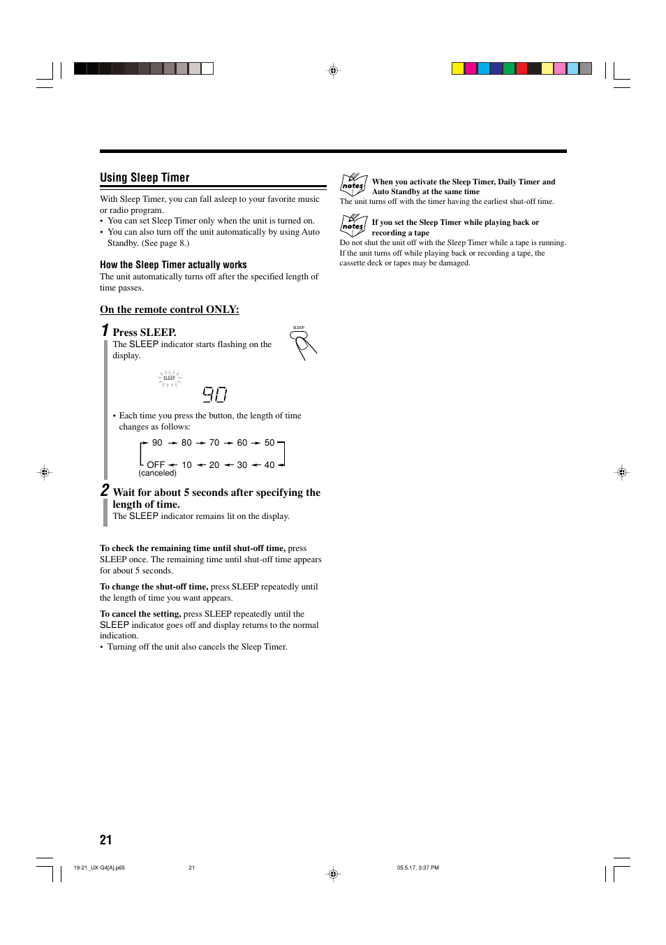 Using sleep timer | JVC CA-UXG3 User Manual | Page 110 / 114