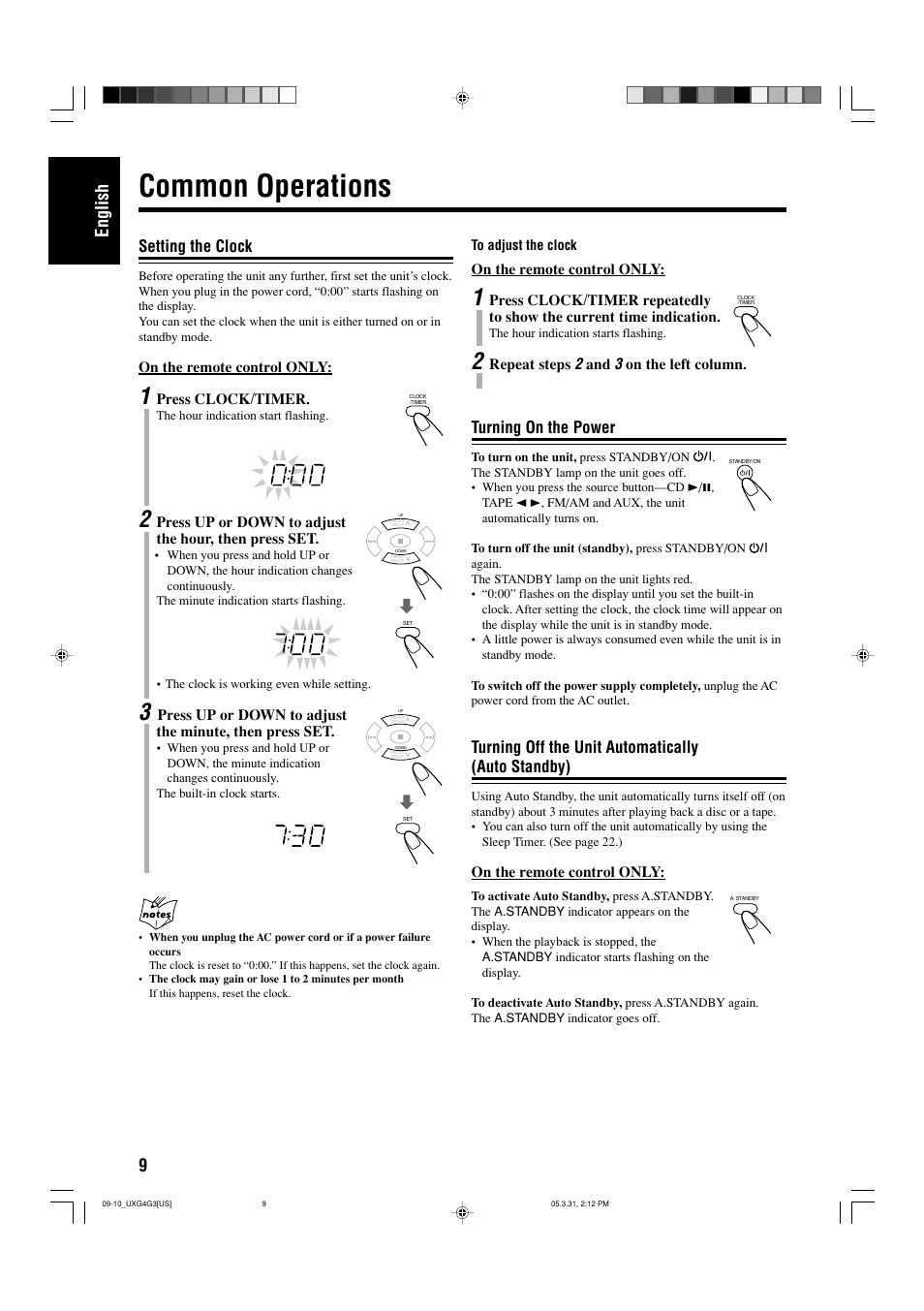 Common operations, Setting the clock, Turning on the power | Turning off the unit automatically(auto standby), 9english, Turning off the unit automatically (auto standby) | JVC CA-UXG3 User Manual | Page 12 / 114