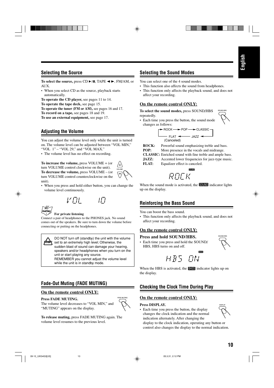 Selecting the source, Adjusting the volume, Fade-out muting (fade muting) | Selecting the sound modes, Reinforcing the bass sound, Checking the clock time during play, 10 english | JVC CA-UXG3 User Manual | Page 13 / 114