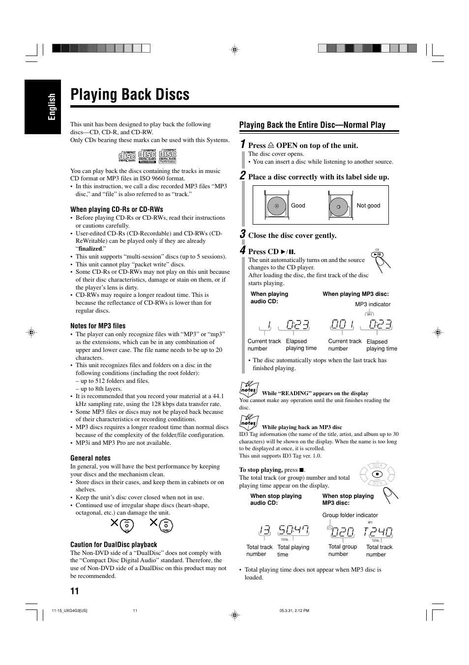 Playing back discs, Playing back the entire disc—normal play, 11 english | JVC CA-UXG3 User Manual | Page 14 / 114
