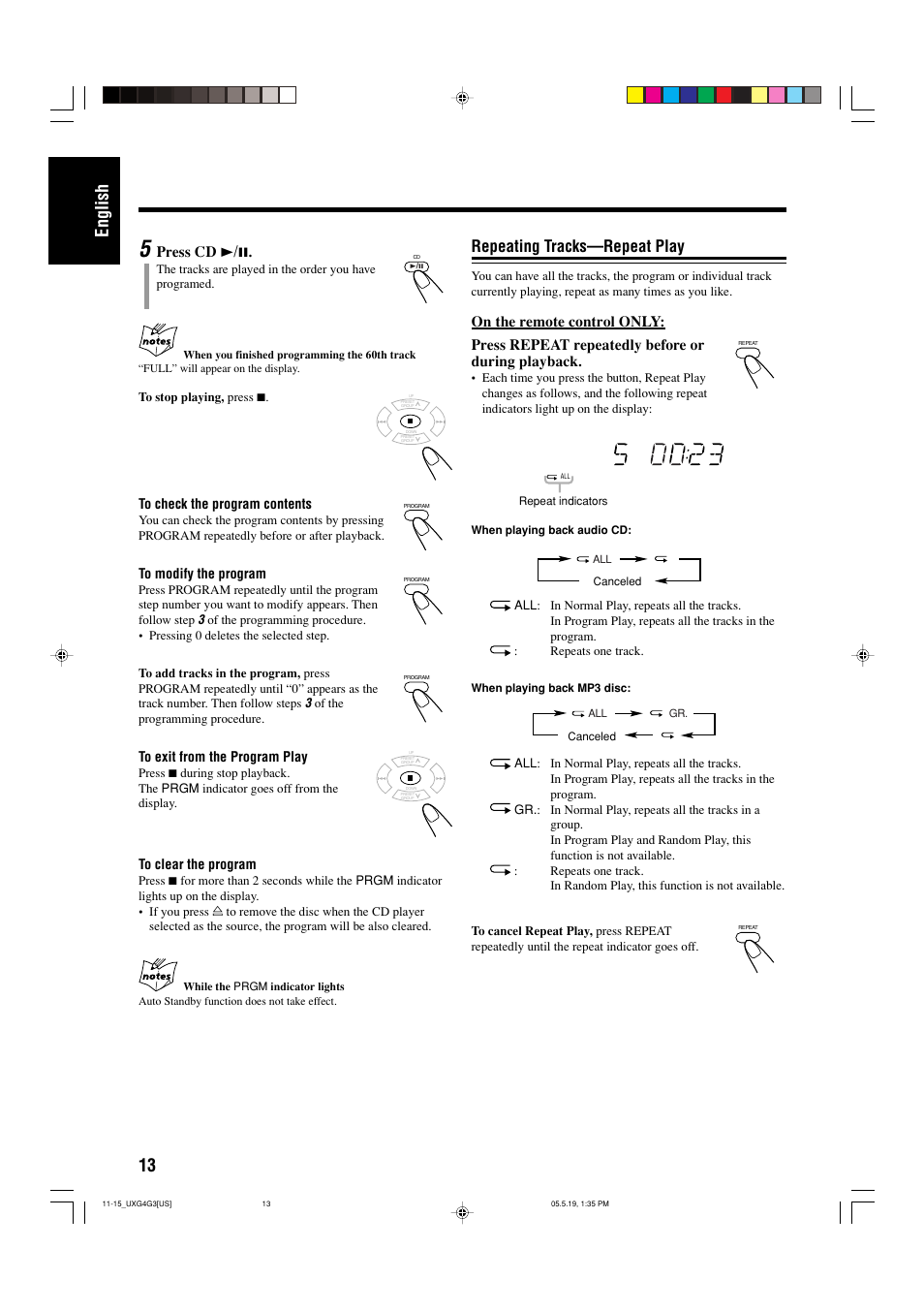 Repeating tracks—repeat play, 13 english, Press cd 3 / 8 | JVC CA-UXG3 User Manual | Page 16 / 114