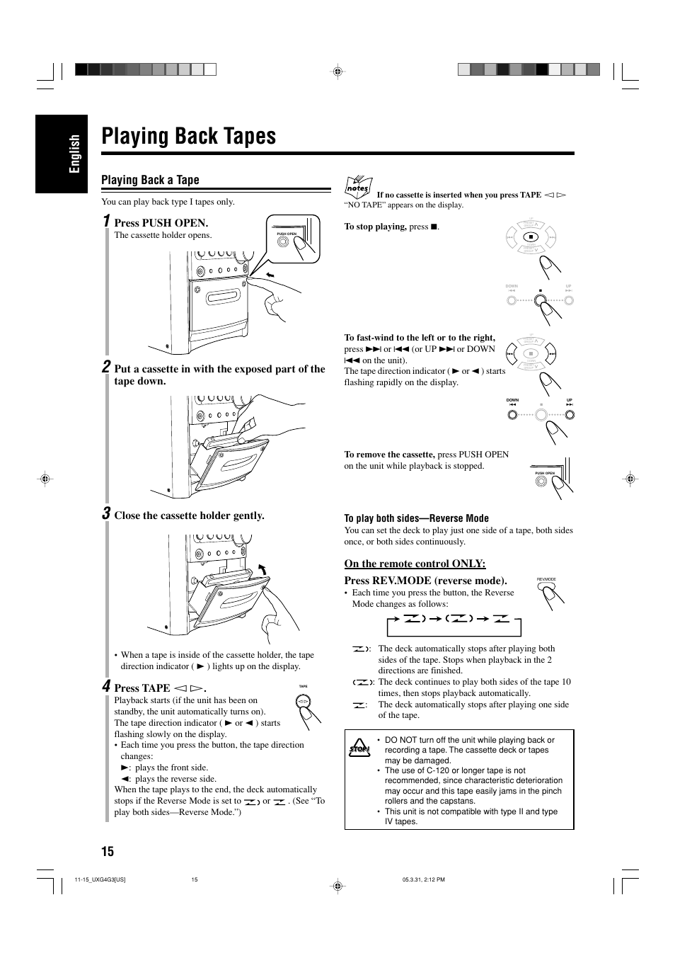 Playing back tapes, Playing back a tape, 15 english | Press push open, Close the cassette holder gently, Press tape | JVC CA-UXG3 User Manual | Page 18 / 114