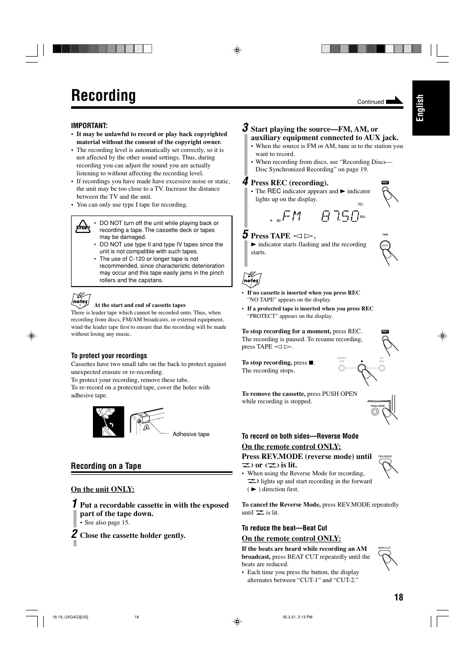 Recording, Recording on a tape, 18 english | JVC CA-UXG3 User Manual | Page 21 / 114