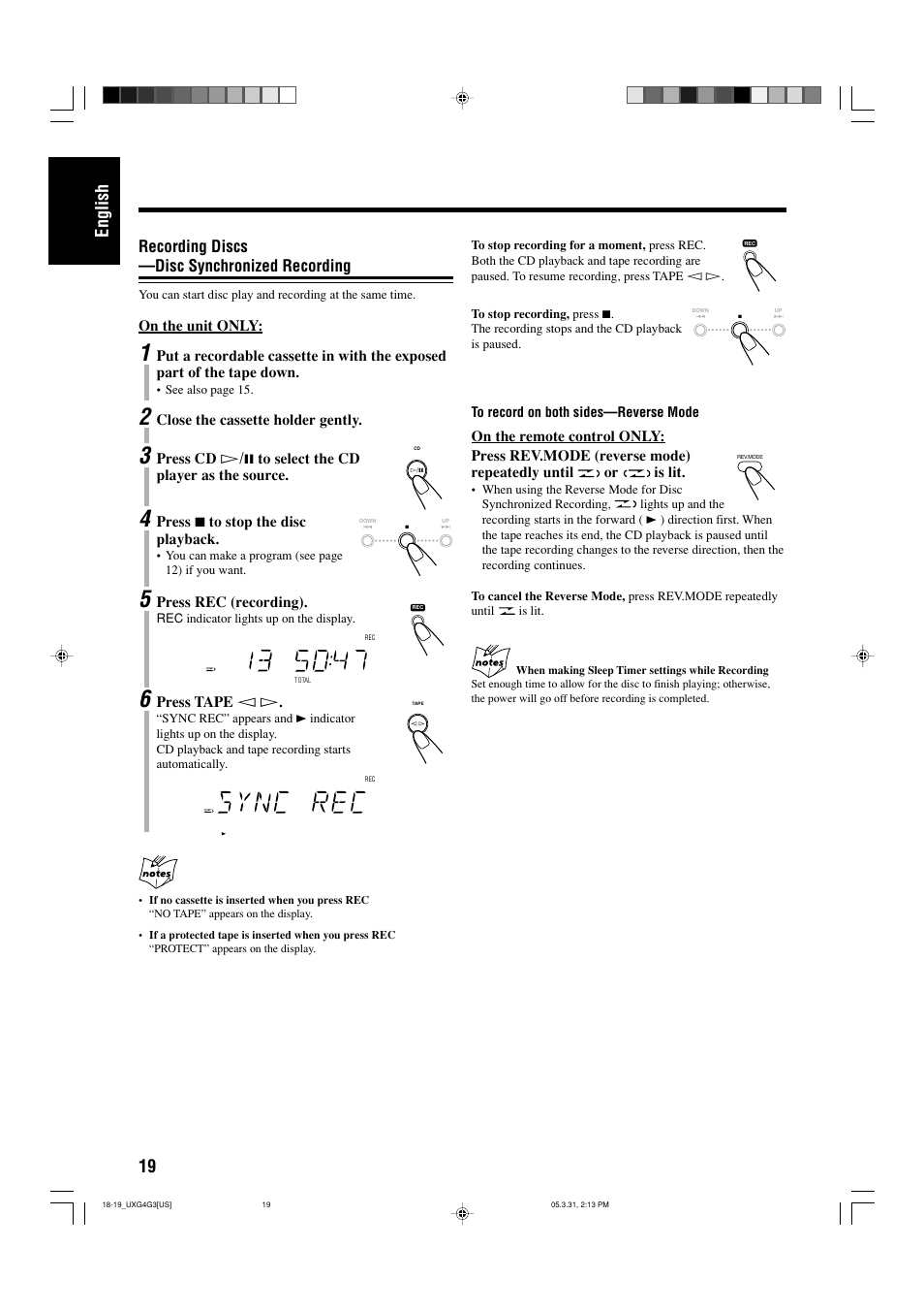 Recording discs —disc synchronized recording, 19 english | JVC CA-UXG3 User Manual | Page 22 / 114