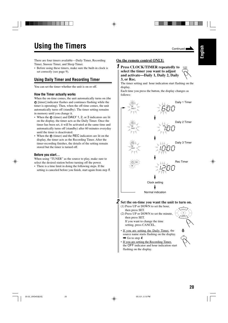 Using the timers, Using daily timer and recording timer, 20 english | JVC CA-UXG3 User Manual | Page 23 / 114