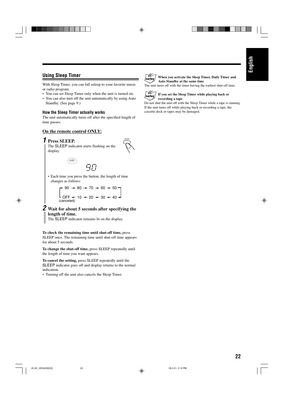 Using sleep timer, 22 english | JVC CA-UXG3 User Manual | Page 25 / 114