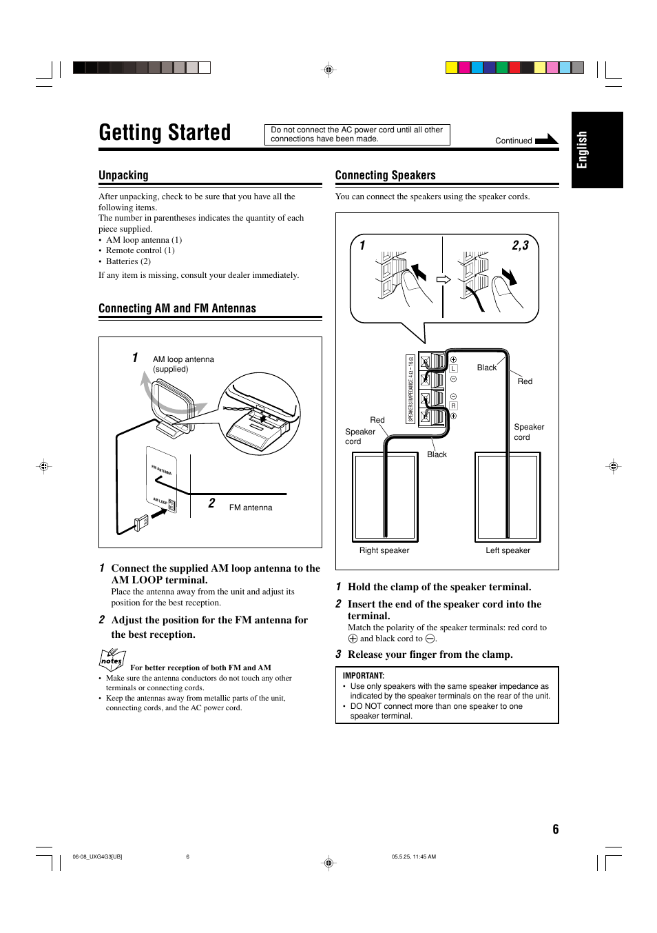 Getting started, Unpacking, Connecting am and fm antennas | Connecting speakers, 6english | JVC CA-UXG3 User Manual | Page 37 / 114