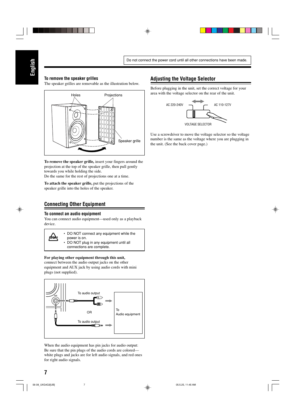 Connecting other equipment, Adjusting the voltage selector, 7english | JVC CA-UXG3 User Manual | Page 38 / 114
