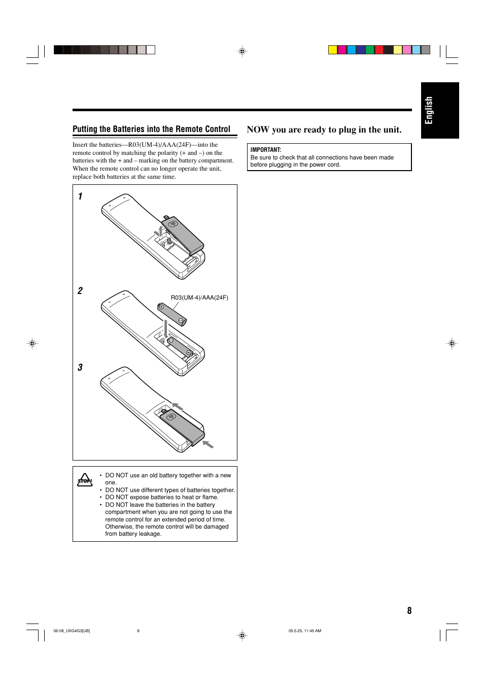 Putting the batteries into the remote control, 8english 1 2 3, Now you are ready to plug in the unit | JVC CA-UXG3 User Manual | Page 39 / 114