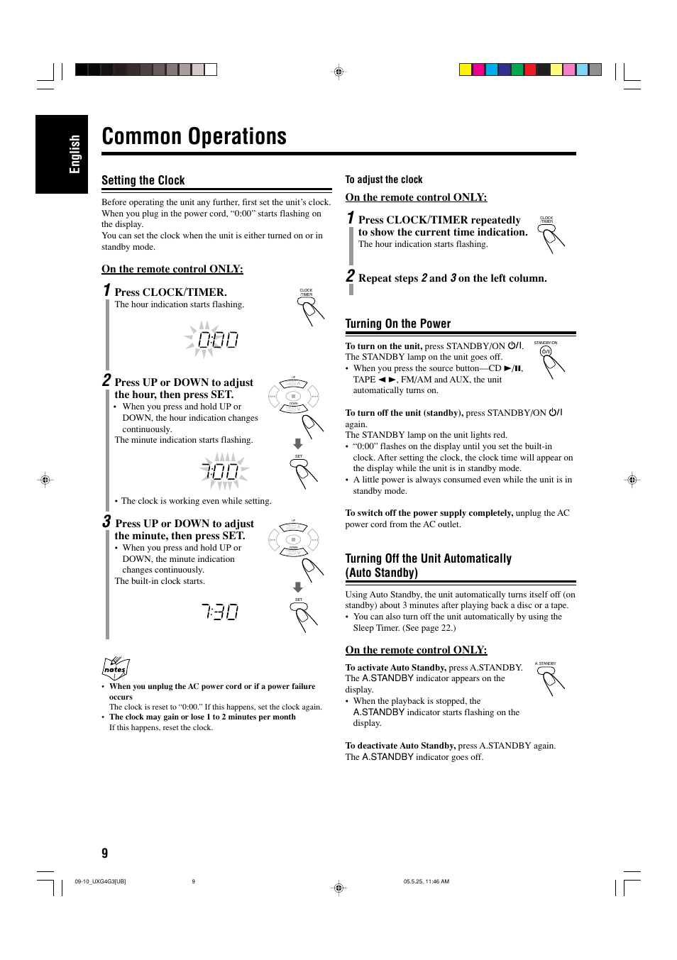 Common operations, Setting the clock, Turning on the power | Turning off the unit automatically (auto standby), 9english | JVC CA-UXG3 User Manual | Page 40 / 114