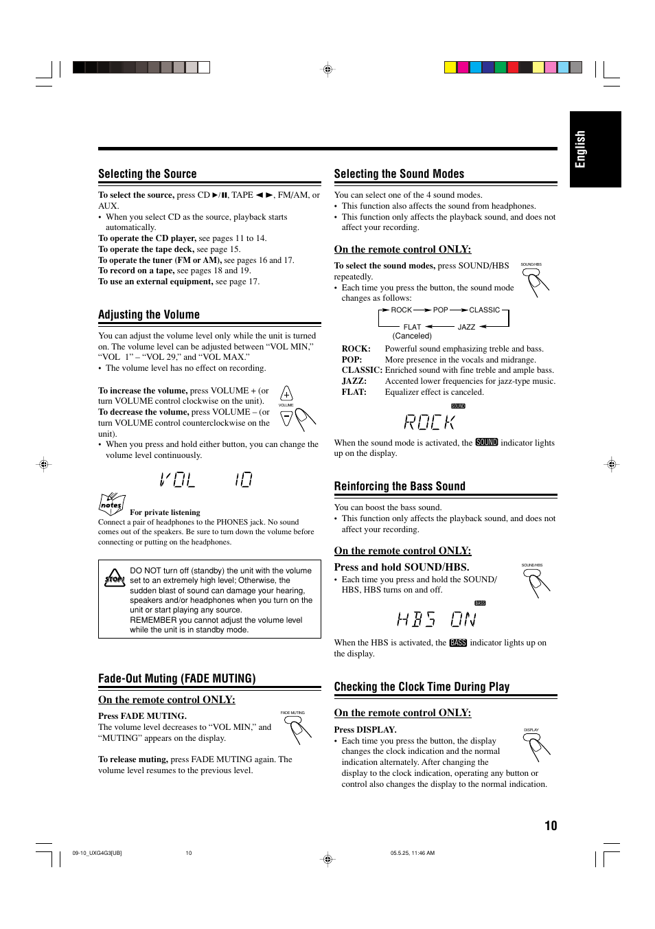 Selecting the source, Adjusting the volume, Fade-out muting (fade muting) | Selecting the sound modes, Reinforcing the bass sound, Checking the clock time during play, 10 english | JVC CA-UXG3 User Manual | Page 41 / 114