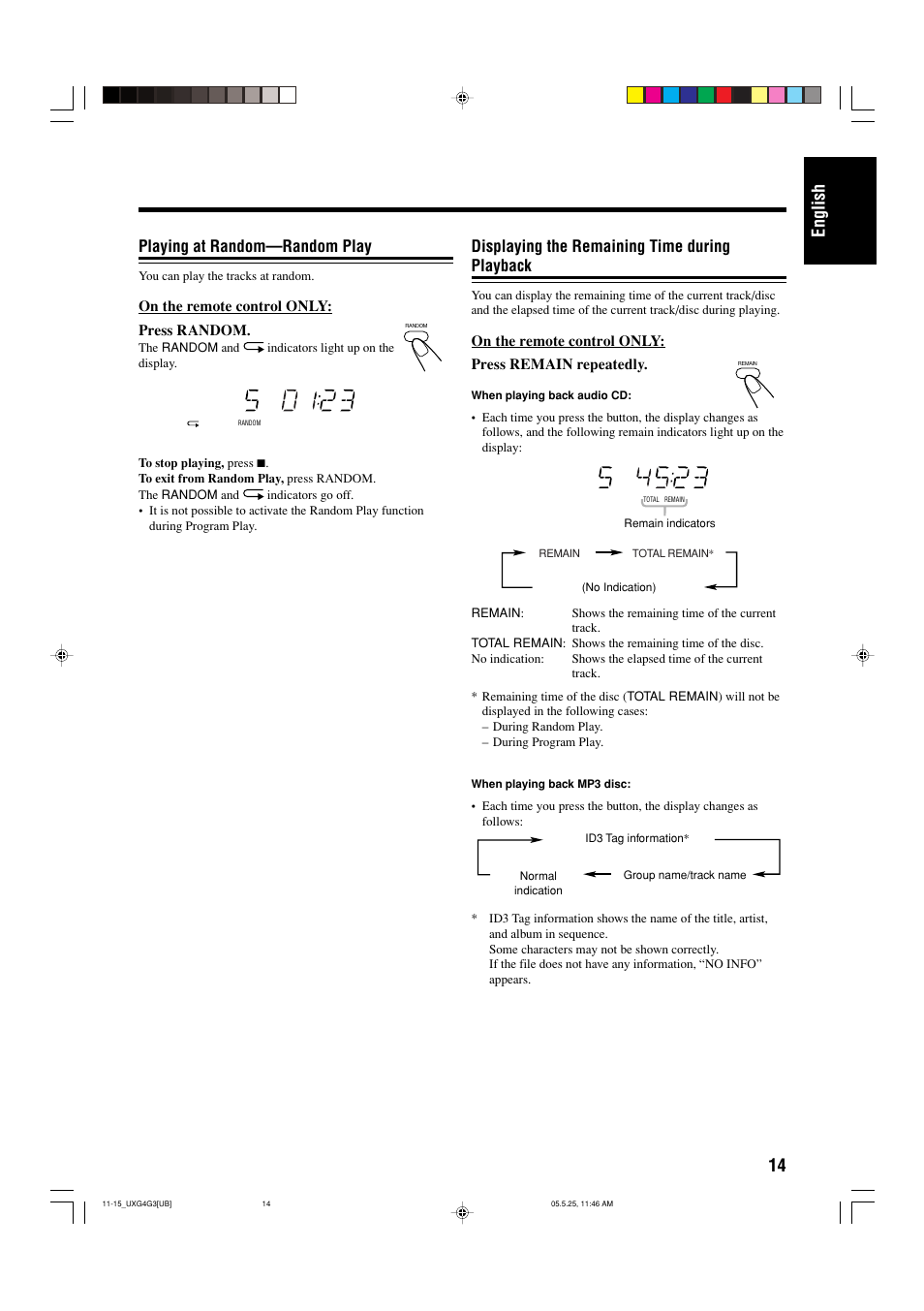 Playing at random—random play, Displaying the remaining time during playback, 14 english | JVC CA-UXG3 User Manual | Page 45 / 114