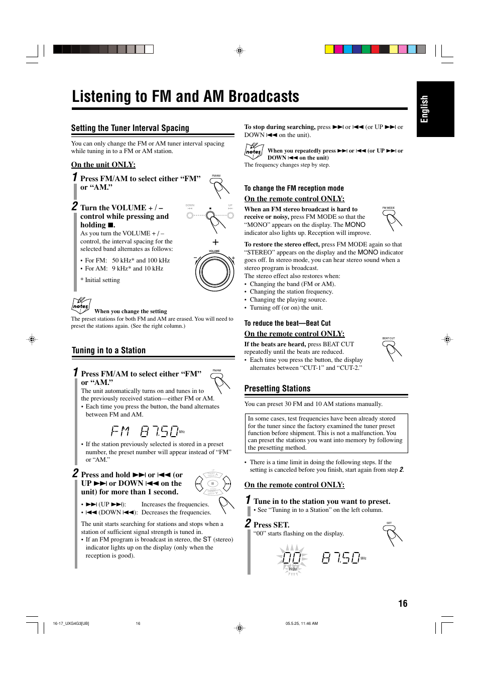 Listening to fm and am broadcasts, Setting the tuner interval spacing, Tuning in to a station | Presetting stations, 16 english | JVC CA-UXG3 User Manual | Page 47 / 114