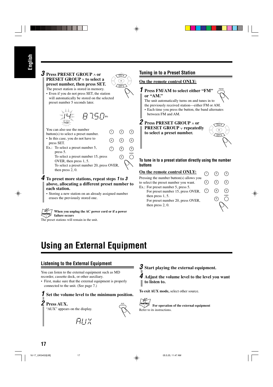 Tuning in to a preset station, Using an external equipment, Listening to the external equipment | 17 english, Set the volume level to the minimum position, Press aux, Start playing the external equipment, On the remote control only, Press fm/am to select either “fm” or “am | JVC CA-UXG3 User Manual | Page 48 / 114