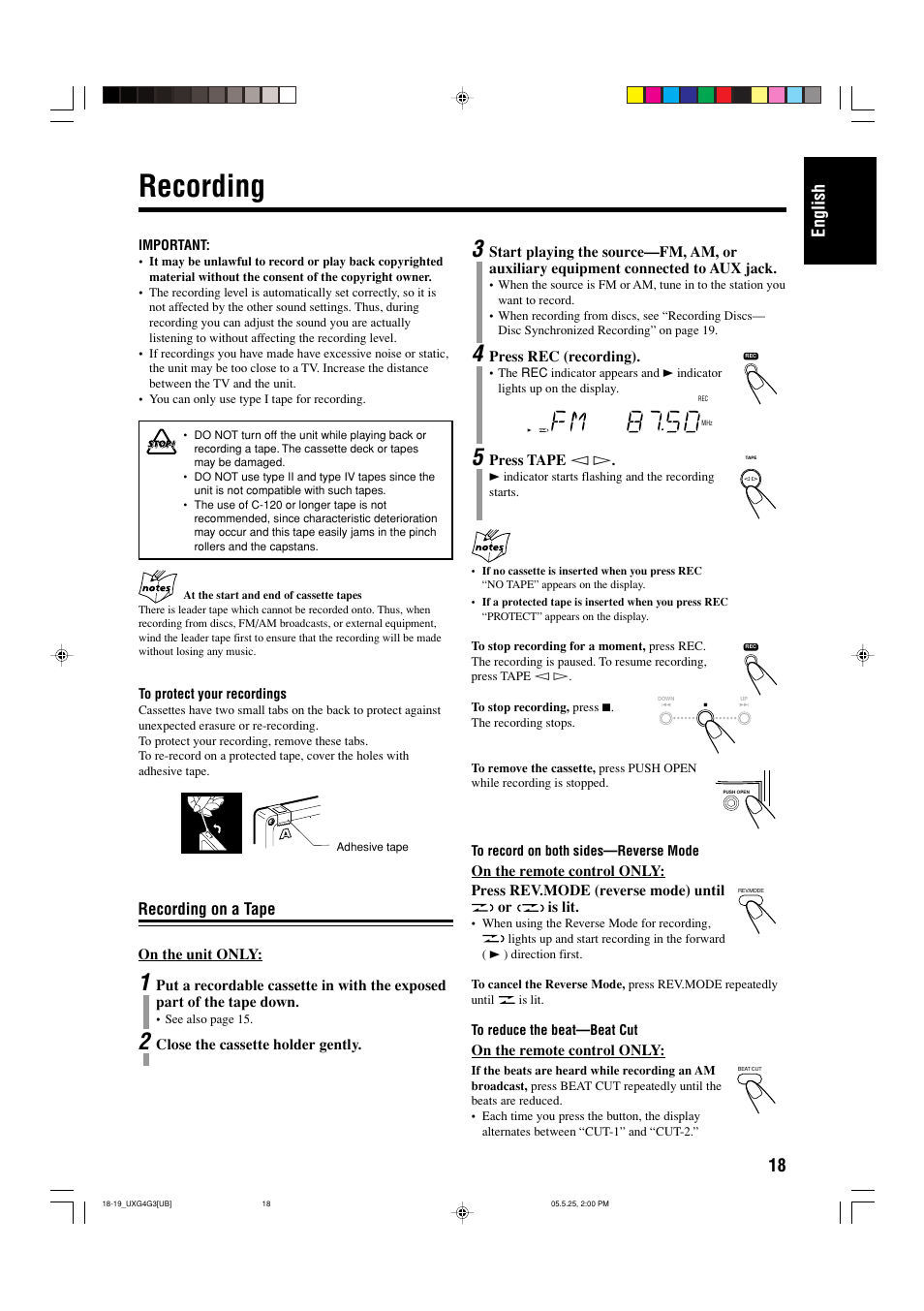 Recording, Recording on a tape, 18 english | JVC CA-UXG3 User Manual | Page 49 / 114