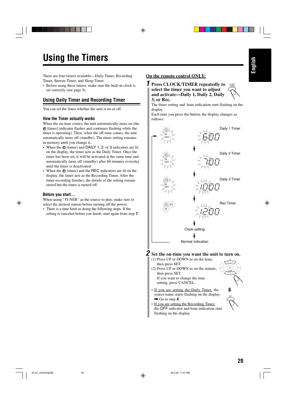 Using the timers, Using daily timer and recording timer, 20 english | JVC CA-UXG3 User Manual | Page 51 / 114