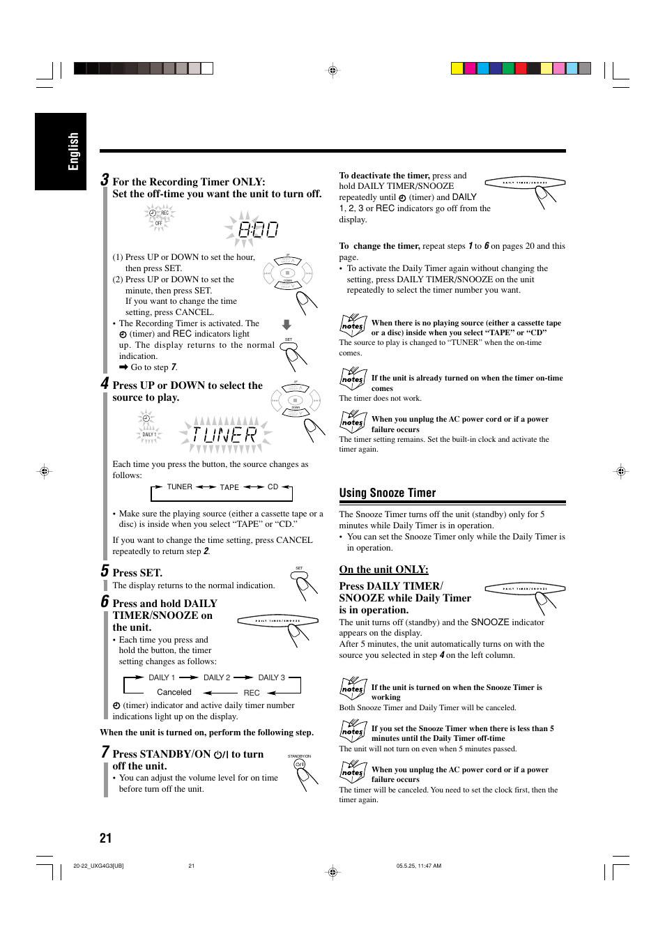 Using snooze timer, 21 english, Press up or down to select the source to play | Press set, Press and hold daily timer/snooze on the unit, Press standby/on to turn off the unit | JVC CA-UXG3 User Manual | Page 52 / 114