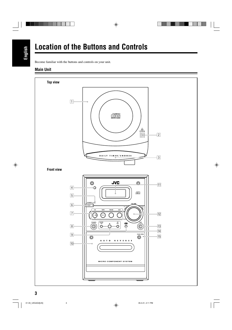 Location of the buttons and controls, Main unit, 3english | Top view front view | JVC CA-UXG3 User Manual | Page 6 / 114