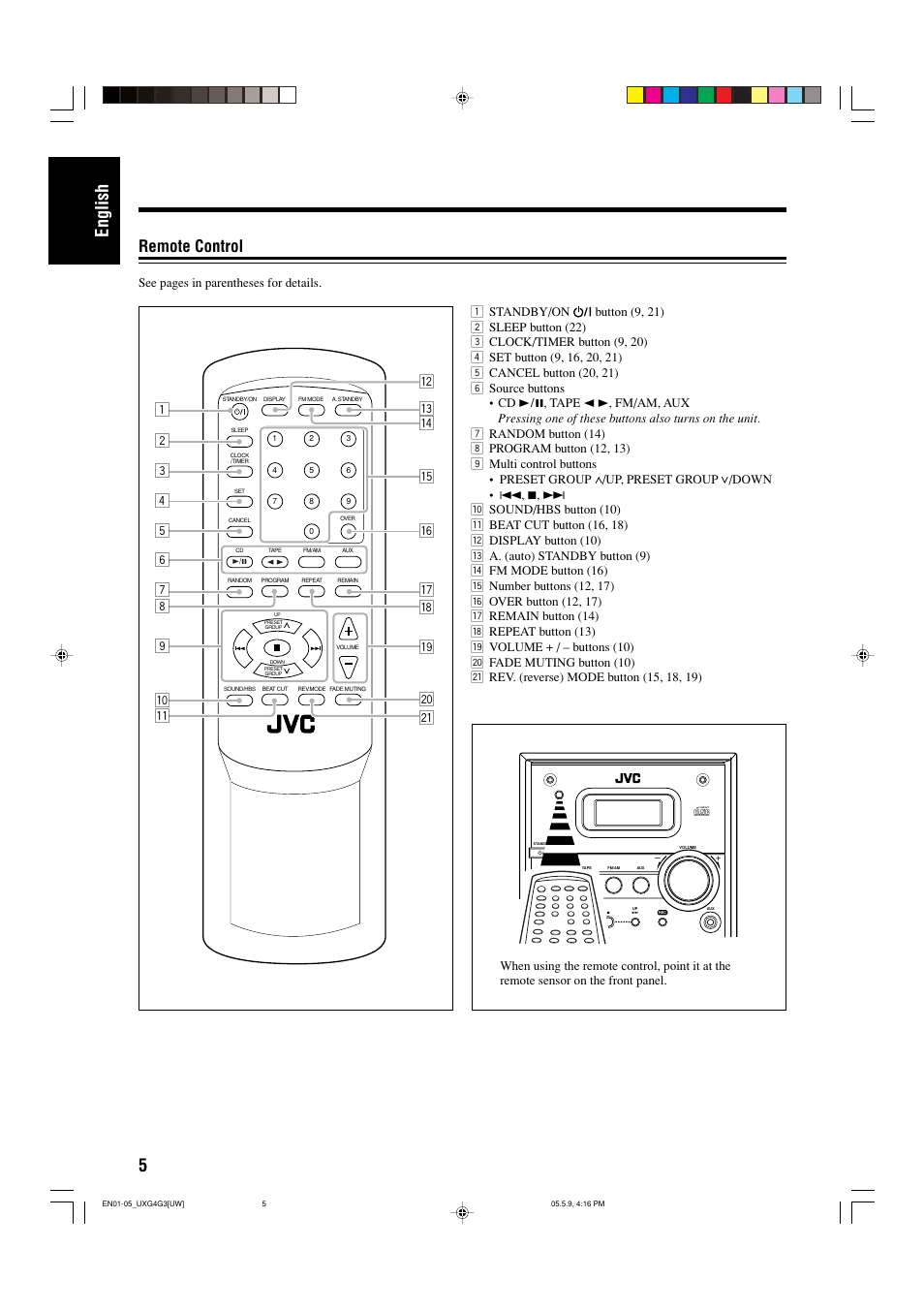 Remote control, 5english | JVC CA-UXG3 User Manual | Page 66 / 114
