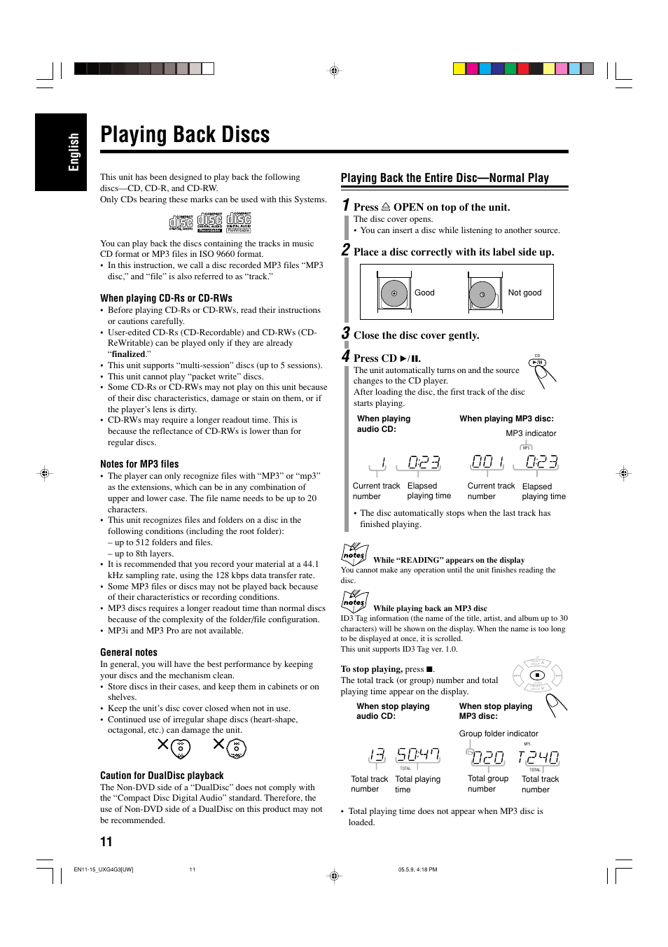 Playing back discs, Playing back the entire disc—normal play, 11 english | JVC CA-UXG3 User Manual | Page 72 / 114