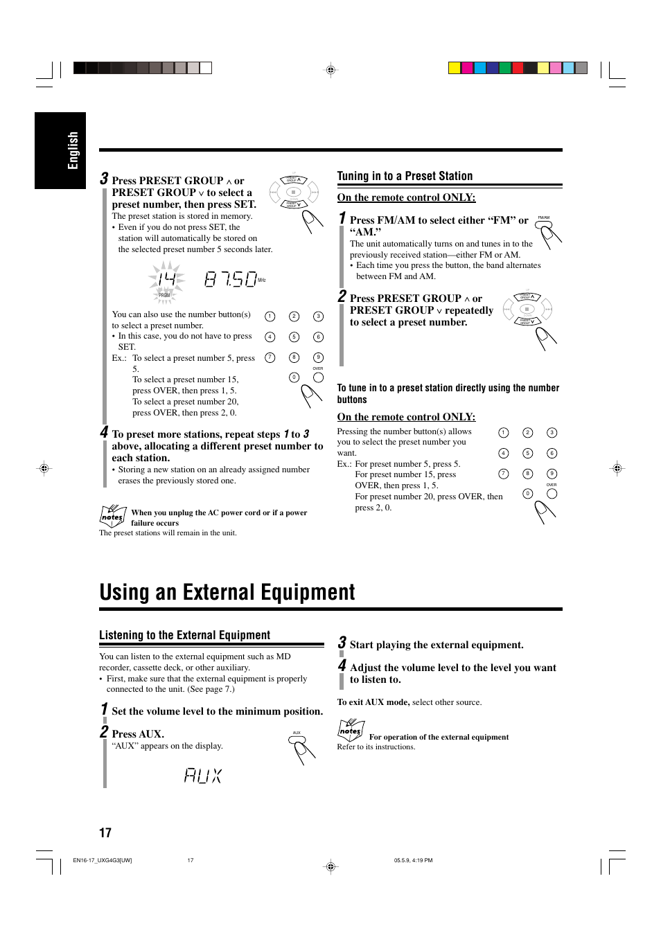 Tuning in to a preset station, Using an external equipment, Listening to the external equipment | 17 english, On the remote control only, Press fm/am to select either “fm” or “am, Set the volume level to the minimum position, Press aux, Start playing the external equipment | JVC CA-UXG3 User Manual | Page 78 / 114