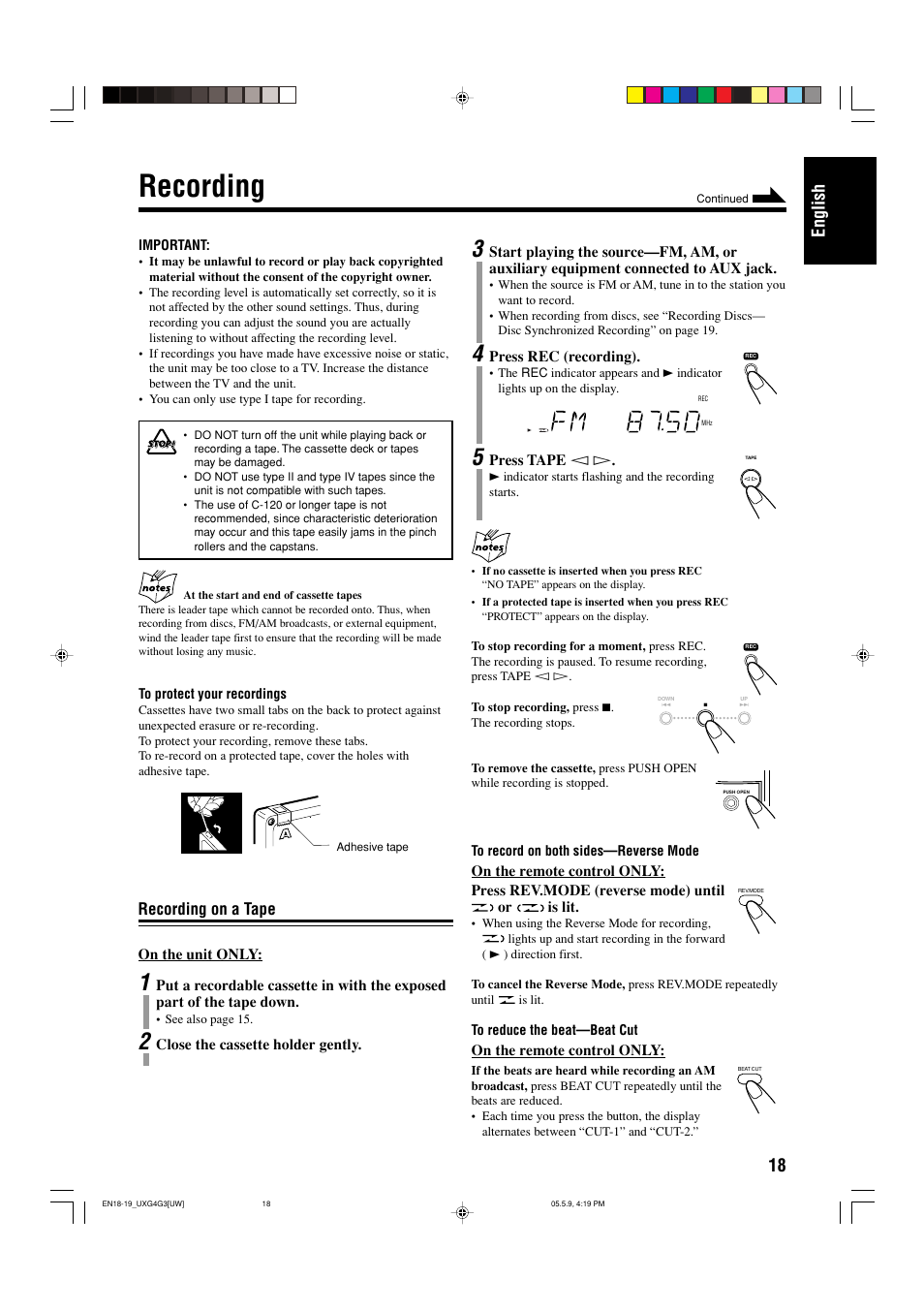 Recording, Recording on a tape, 18 english | JVC CA-UXG3 User Manual | Page 79 / 114