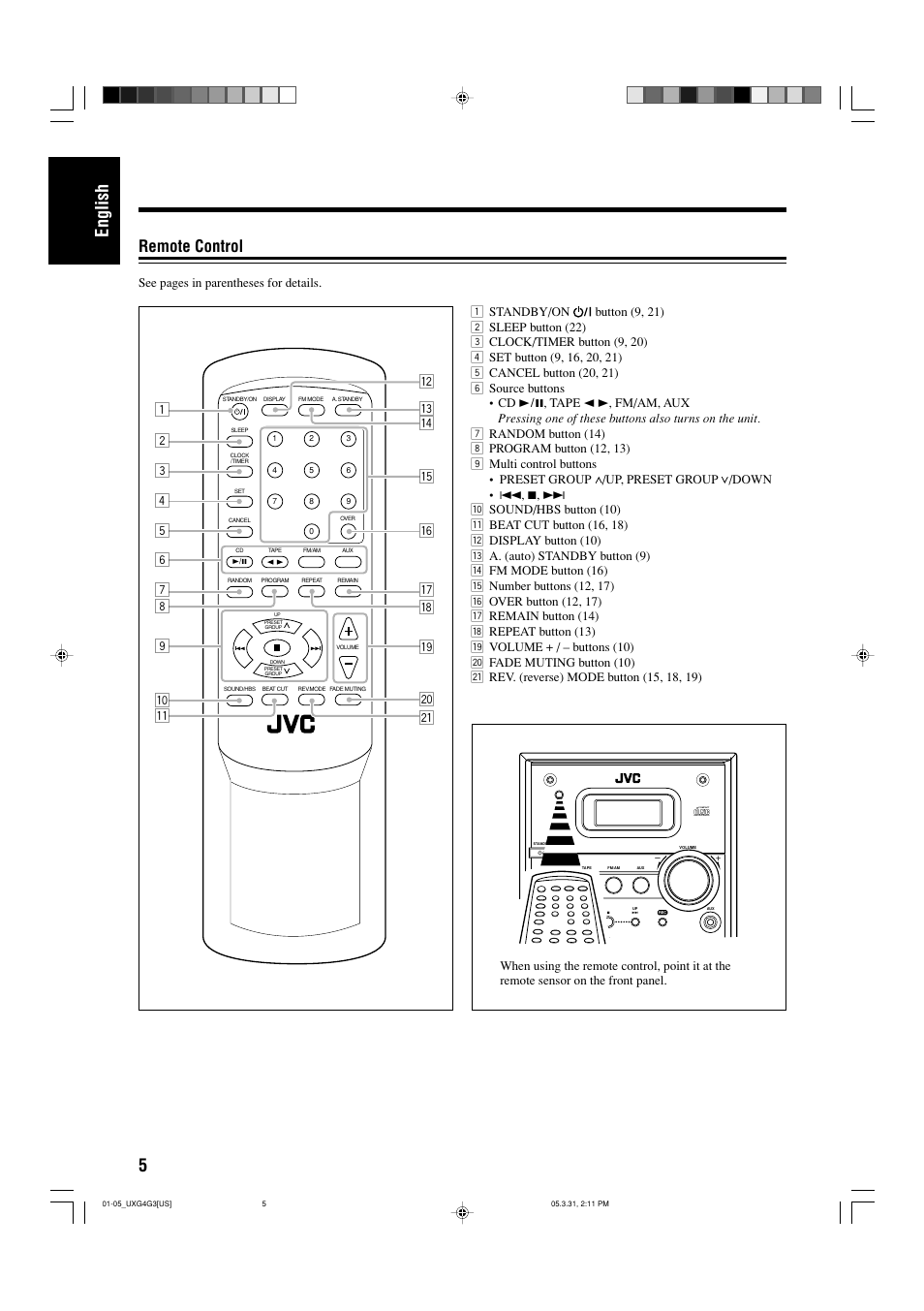 Remote control, 5english | JVC CA-UXG3 User Manual | Page 8 / 114