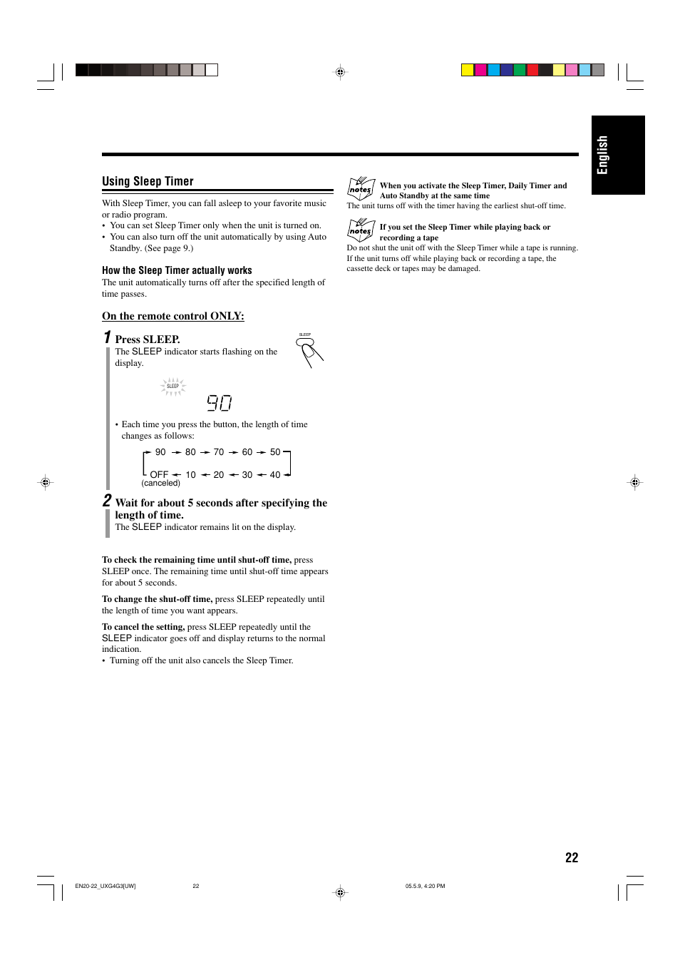 Using sleep timer, 22 english | JVC CA-UXG3 User Manual | Page 83 / 114