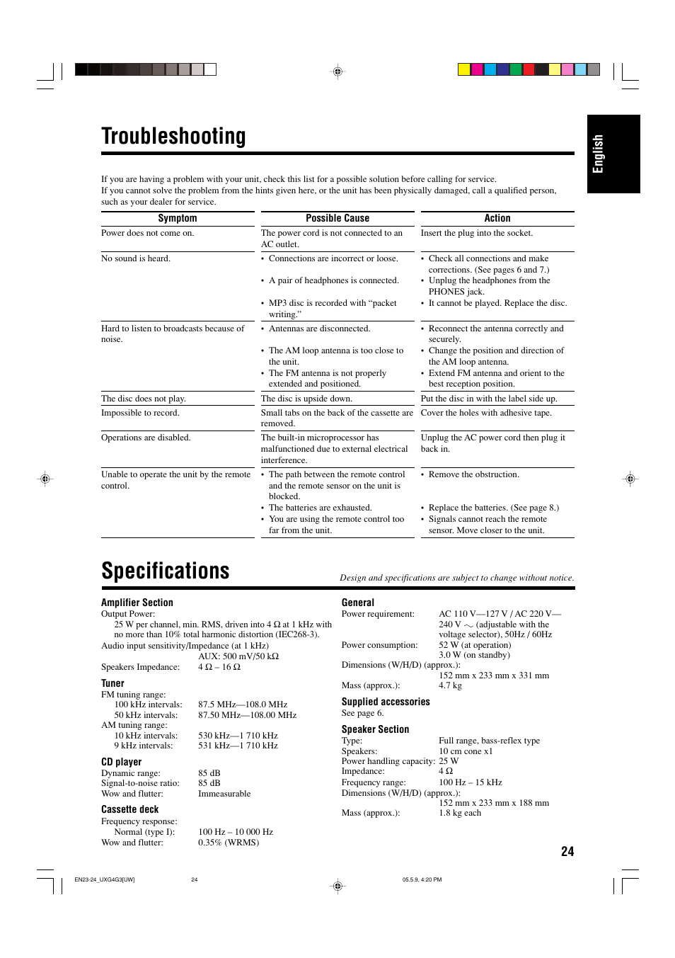 Troubleshooting, Specifications, 24 english | JVC CA-UXG3 User Manual | Page 85 / 114