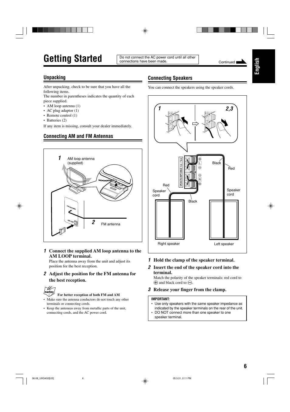 Getting started, Unpacking, Connecting am and fm antennas | Connecting speakers, 6english | JVC CA-UXG3 User Manual | Page 9 / 114