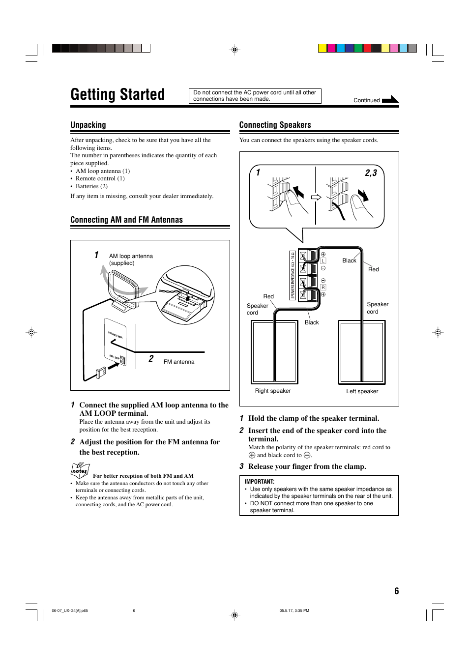 Getting started, Unpacking, Connecting am and fm antennas | Connecting speakers | JVC CA-UXG3 User Manual | Page 95 / 114