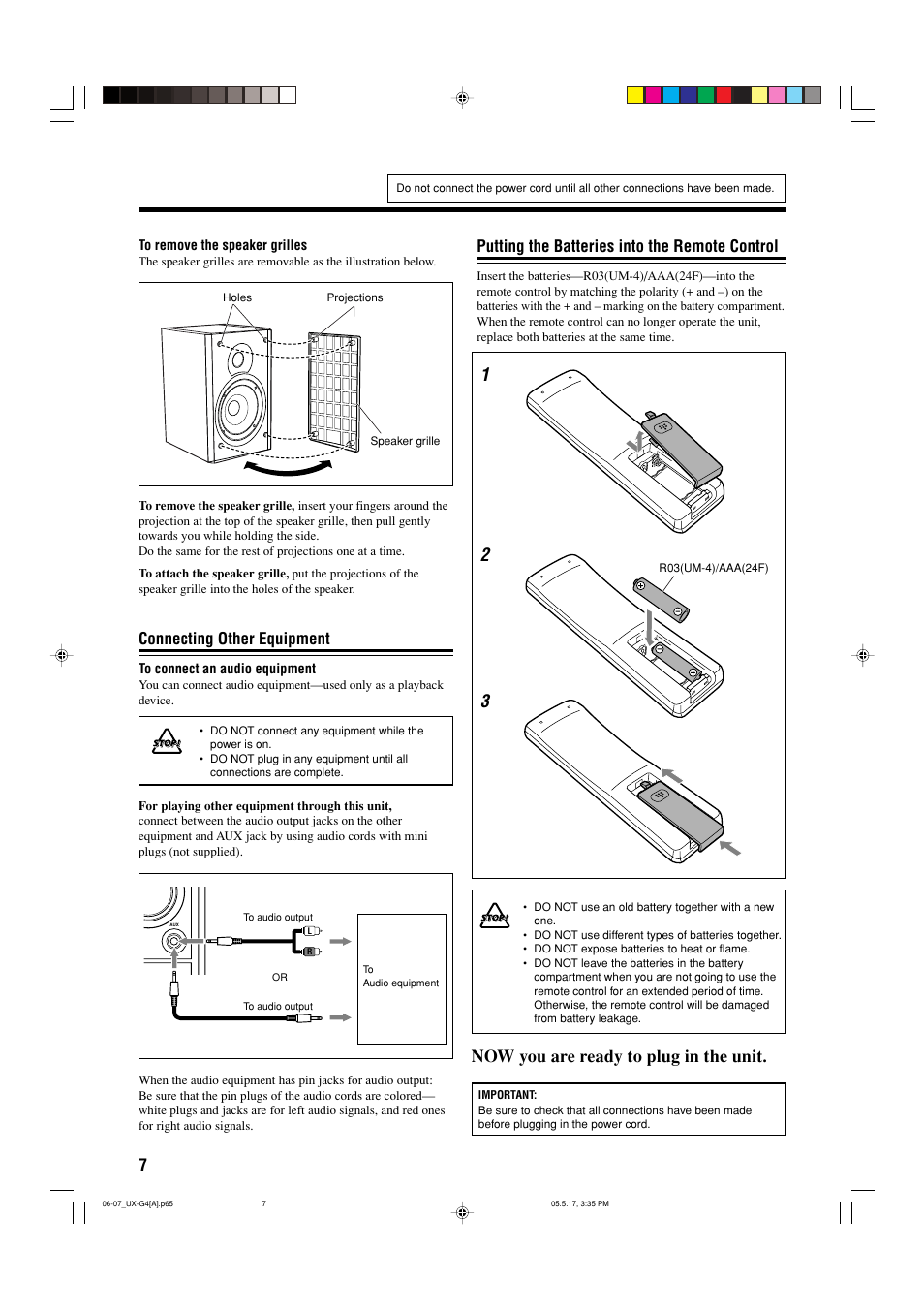 Now you are ready to plug in the unit, Connecting other equipment, Putting the batteries into the remote control | JVC CA-UXG3 User Manual | Page 96 / 114