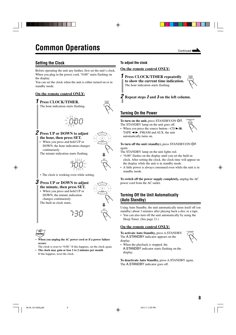 Common operations, Setting the clock, Turning on the power | Turning off the unit automatically (auto standby) | JVC CA-UXG3 User Manual | Page 97 / 114