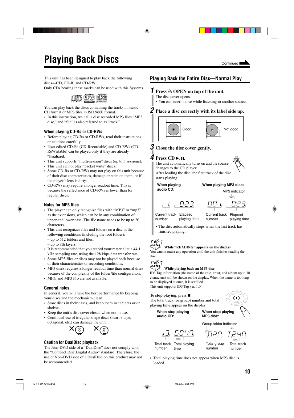 Playing back discs, Playing back the entire disc—normal play | JVC CA-UXG3 User Manual | Page 99 / 114